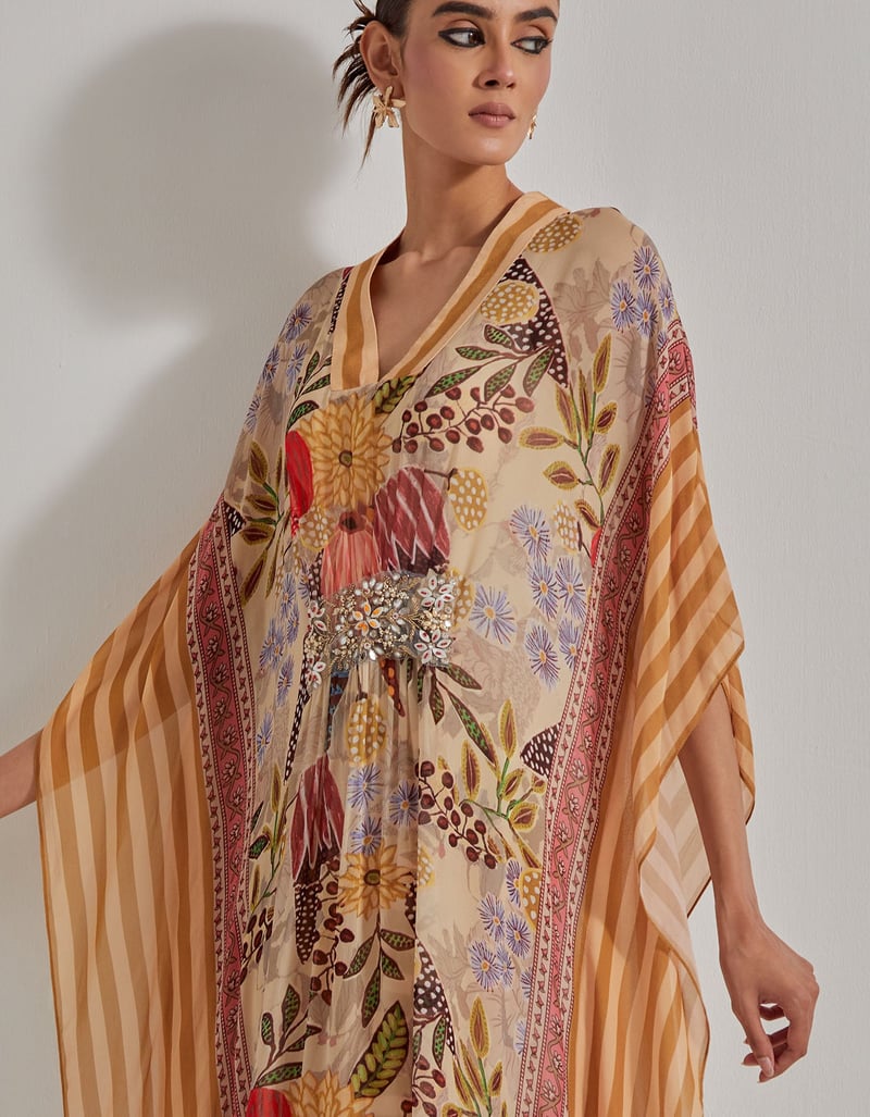 Beige Printed Georgette Maxi Kaftan with Embellished Waist