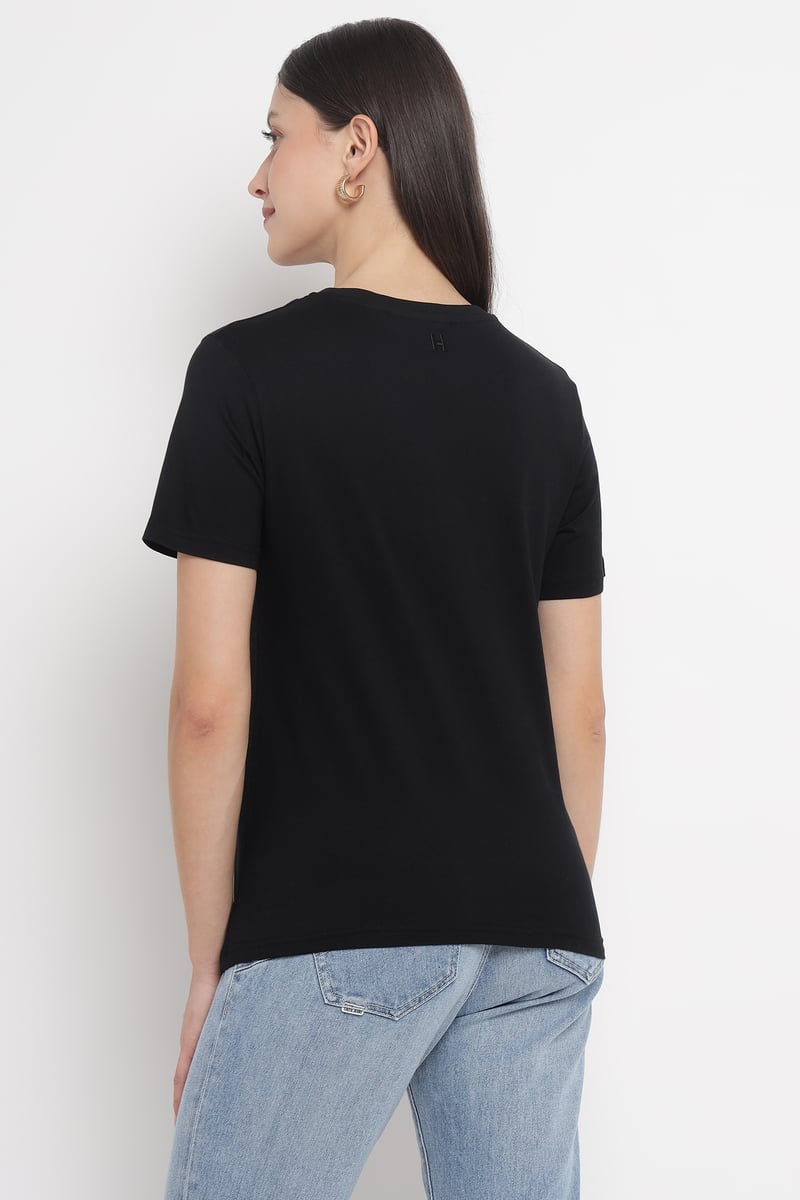 Black Crewneck T-Shirt with Chain Neckline Detail