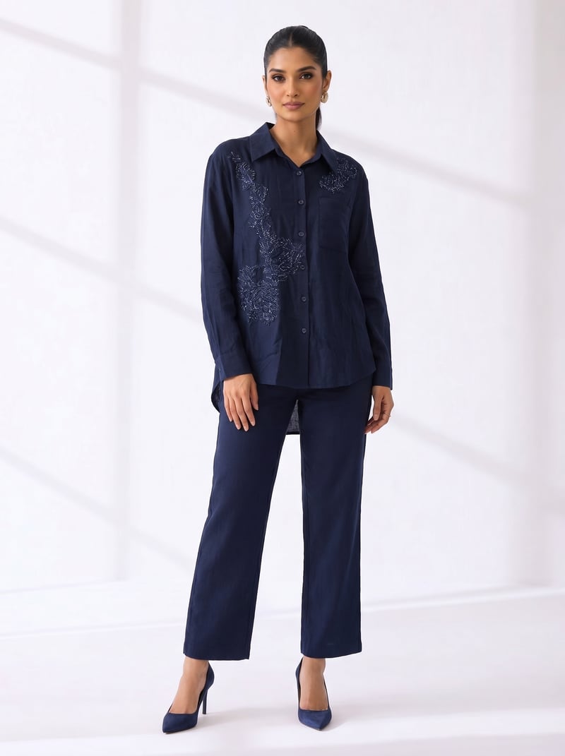 Navy Blue Linen Shirt and Pant Co-ord Set — THE LUXURY DRESSING
