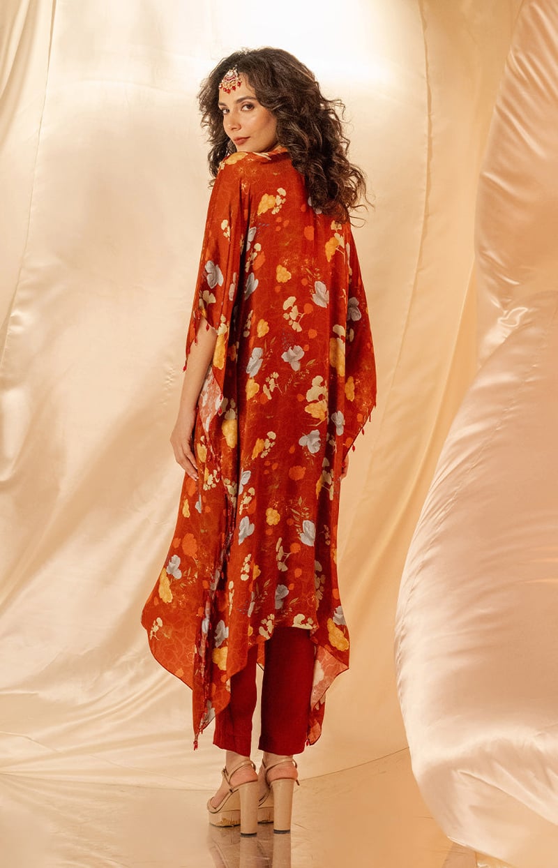 Maroon Floral Kaftan Kurta Set with Embroidered Yoke