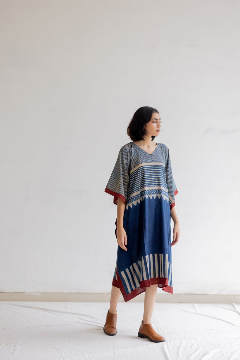 Multicolor Cotton Printed Midi Kaftan Dress