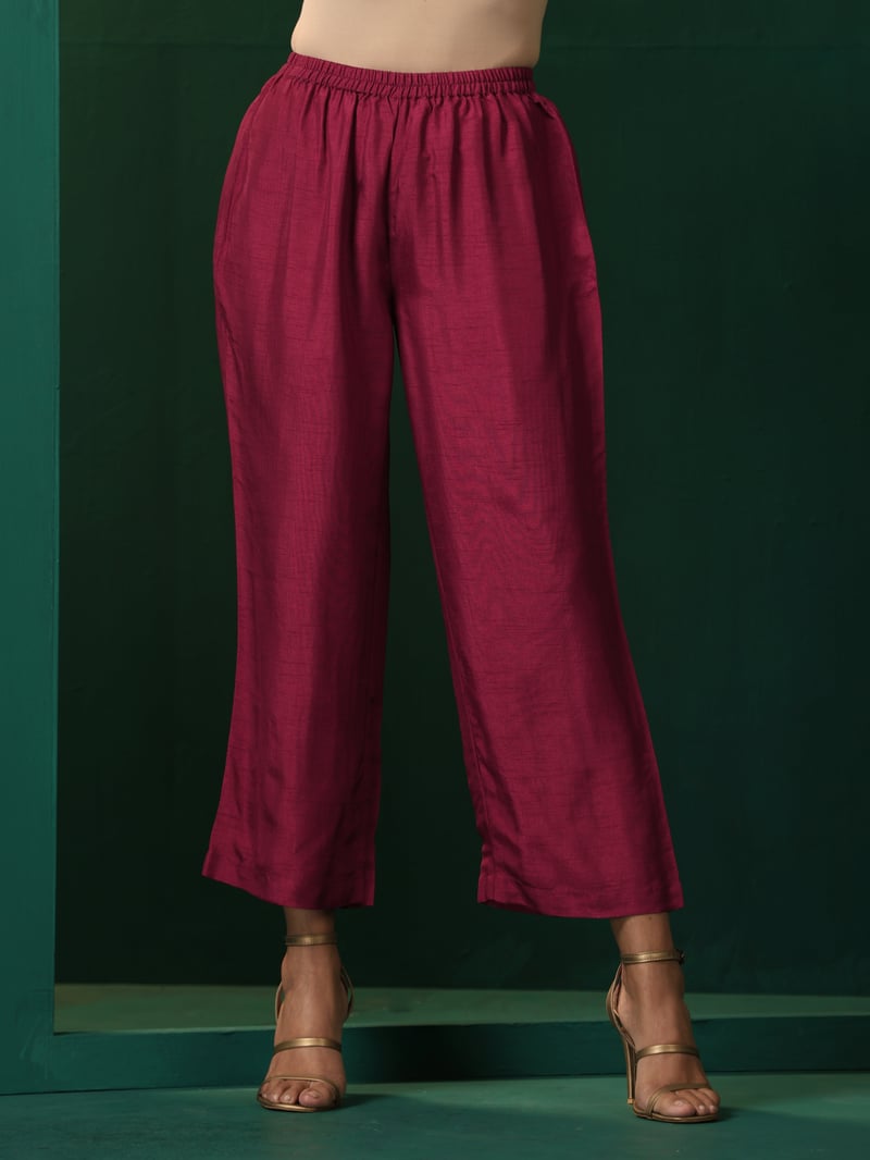 Maroon Silk Blend V-Neck Puff Sleeve Kurta Pant Set