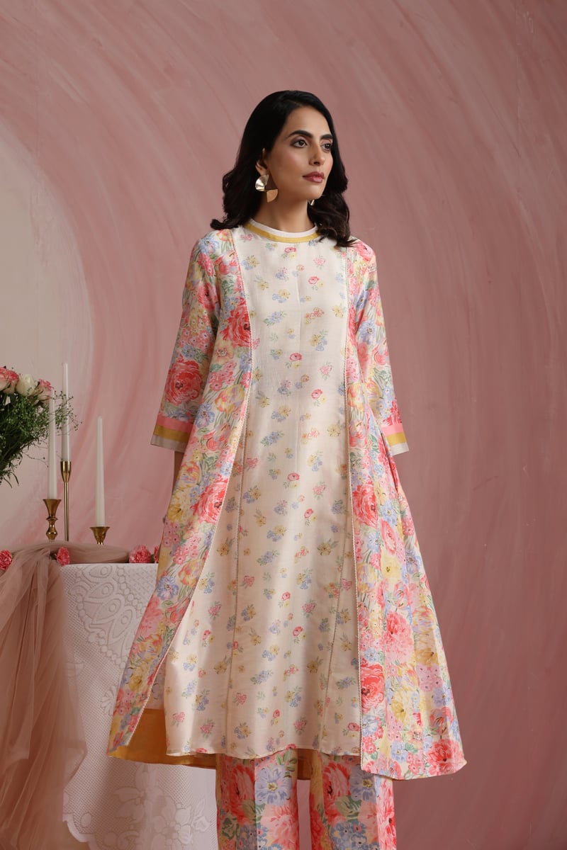 Ivory Floral Printed A-Line Kurta Set with Wide-Leg Trousers