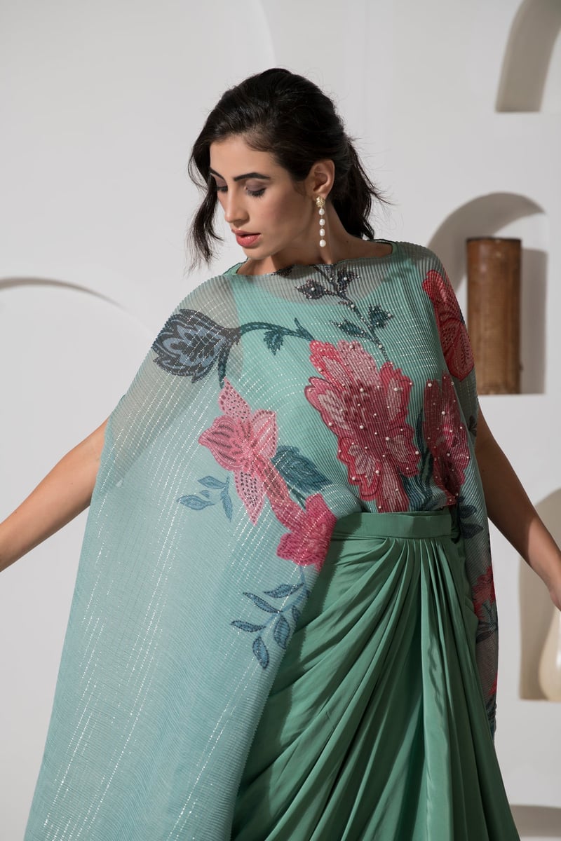 Dusty Jade Green Floral Kaftan and Dhoti Co-ord Set