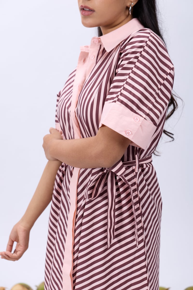 Pink Striped Midi Shirt Dress with Contrast Placket