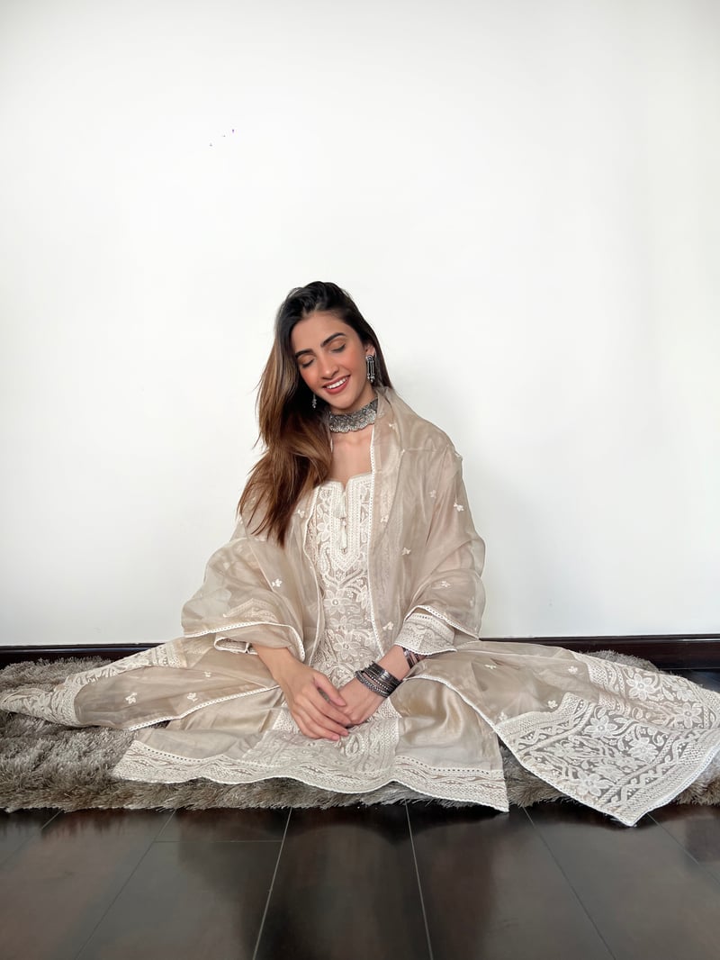 Beige Chanderi Silk Embroidered Kurta Set with Dupatta