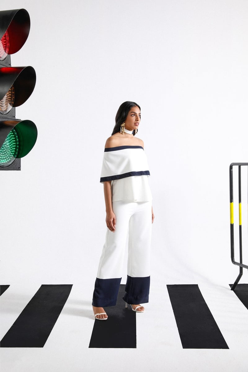 White and Navy Off-Shoulder Co-ord Set with Bootcut Pants