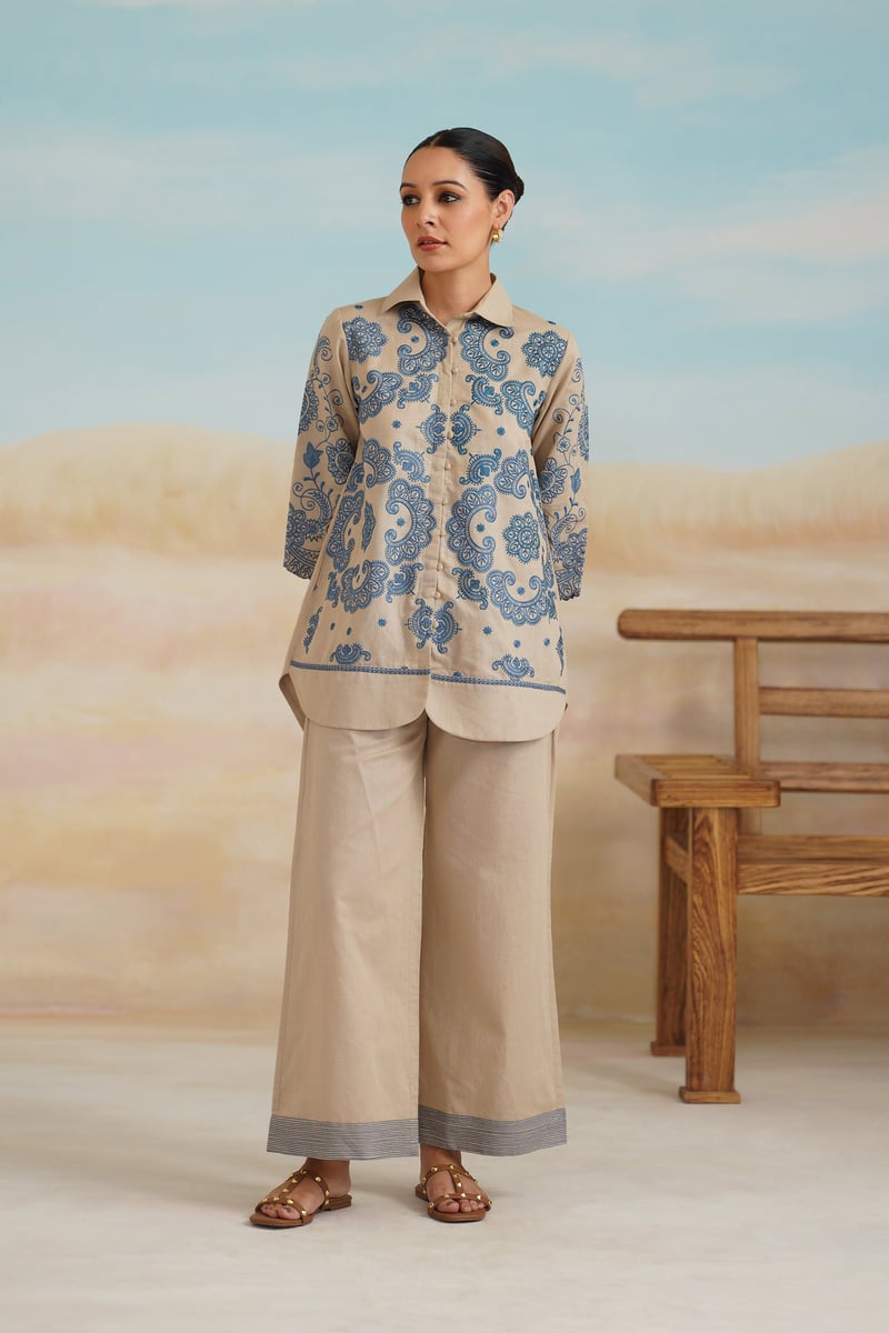 Beige Cotton Linen Embroidered Shirt and Pants Co-ord Set