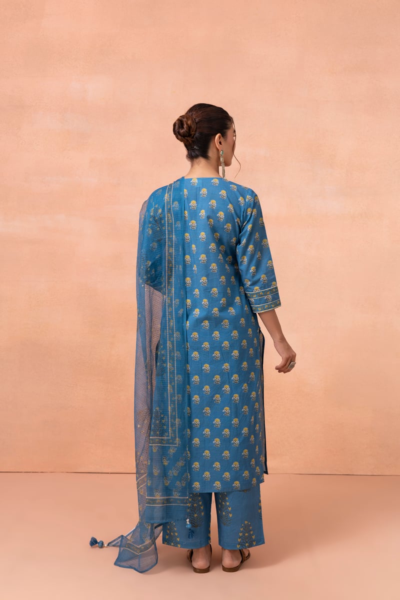 Blue Floral Printed Cotton Kurta Set with Dupatta