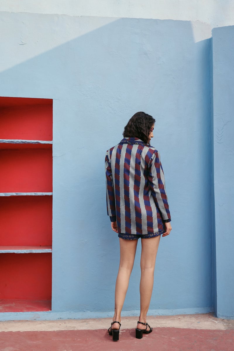 Blue Linen High-Waist Polka Dot Tailored Shorts