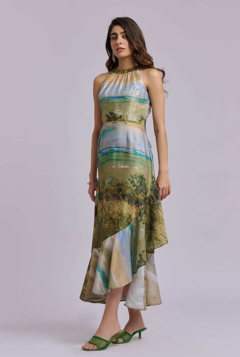 Scenery Print Halter Neck Fit and Flare Midi Dress