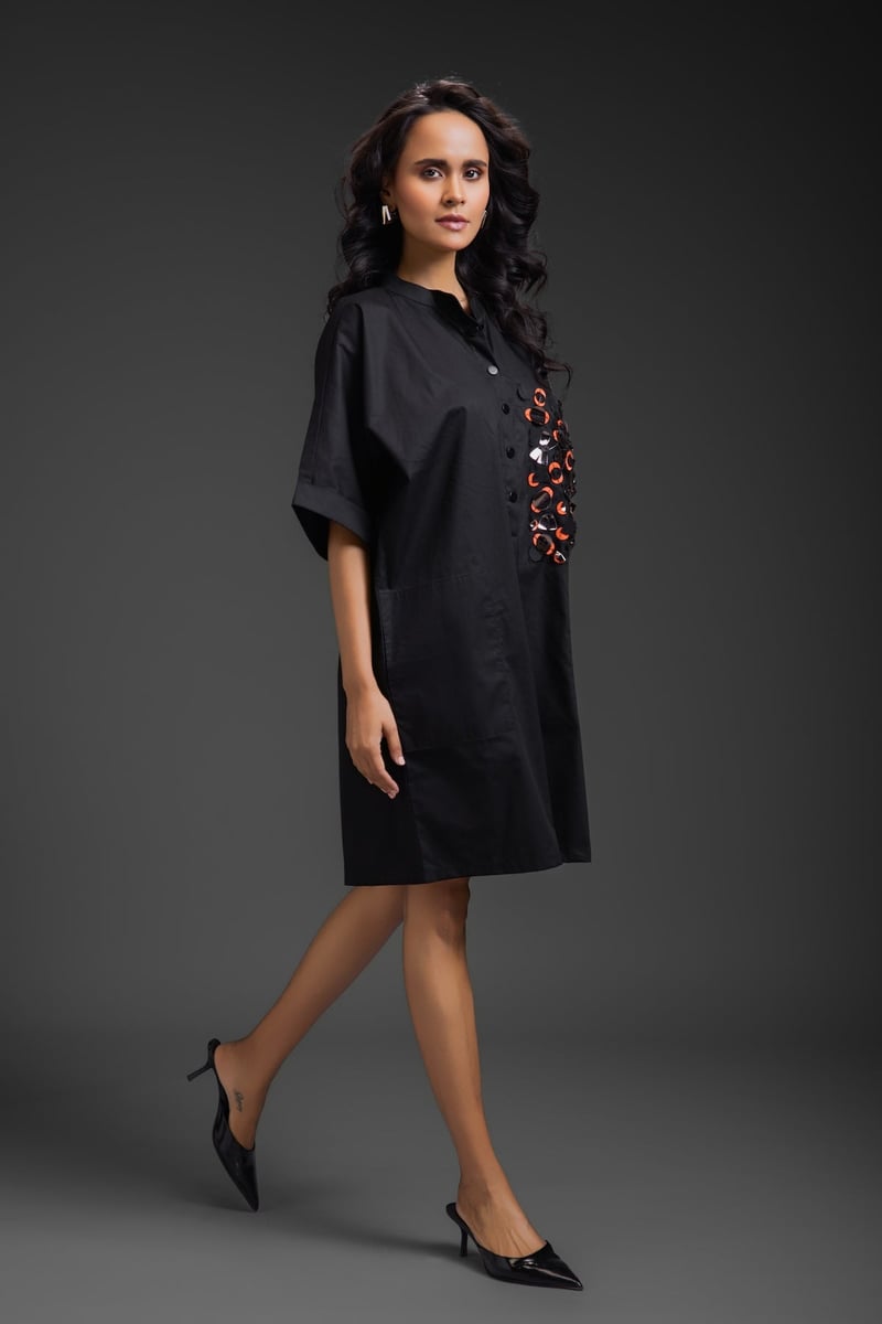 Black Relaxed Fit Mini Dress with Embellished Pocket