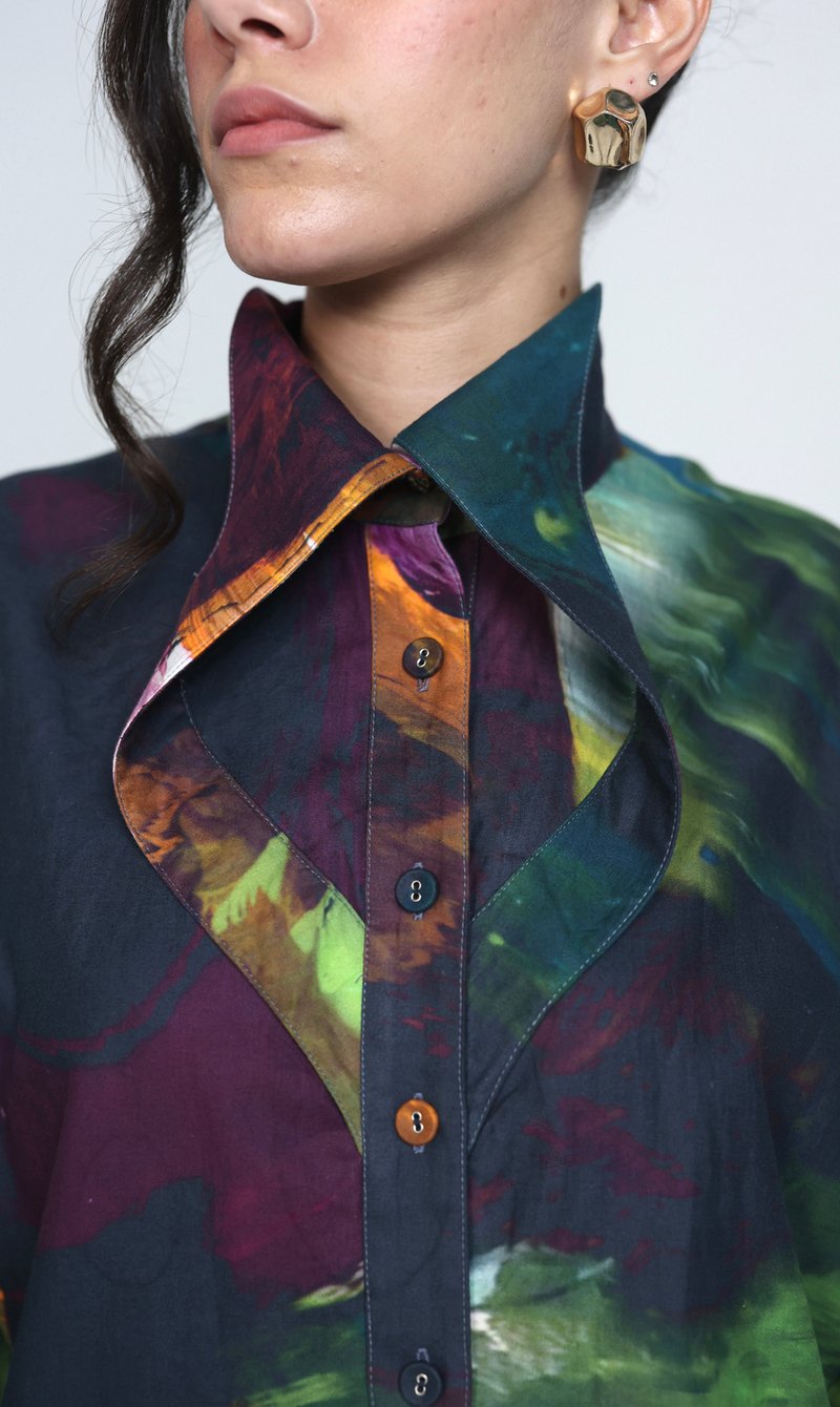 Multicolor Abstract Print Oversized Cotton Satin Shirt