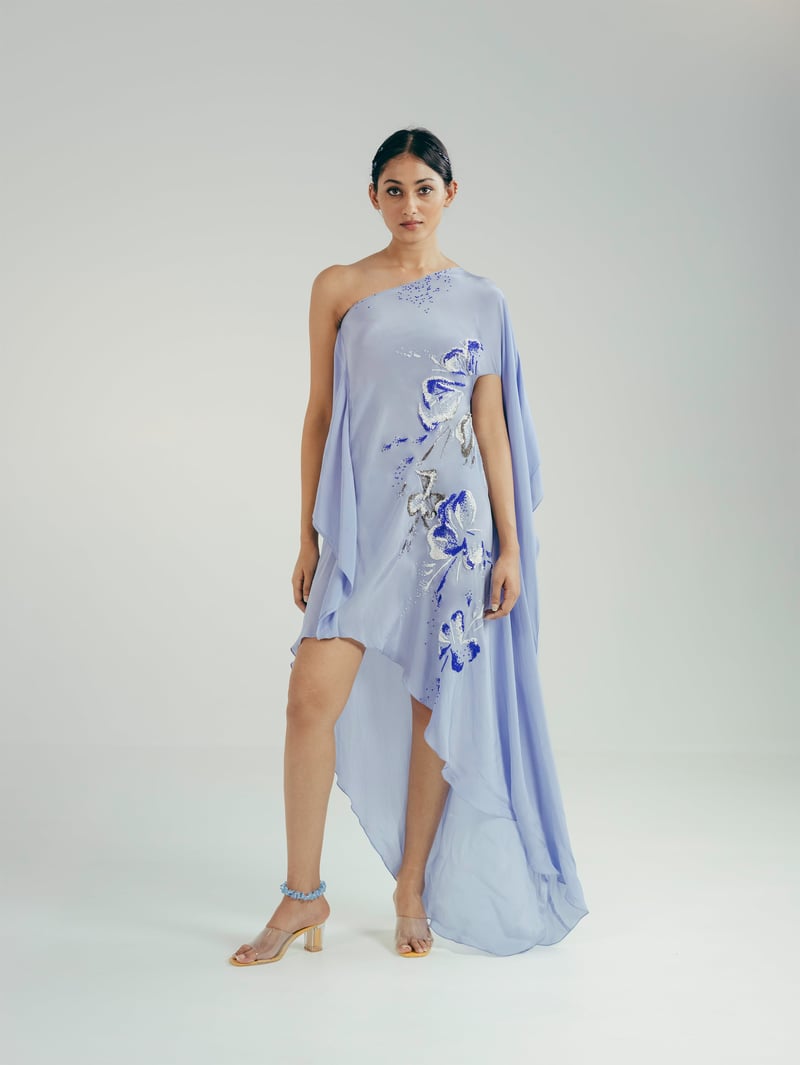 Blue One-Shoulder Kaftan Dress with 3D Floral Embroidery
