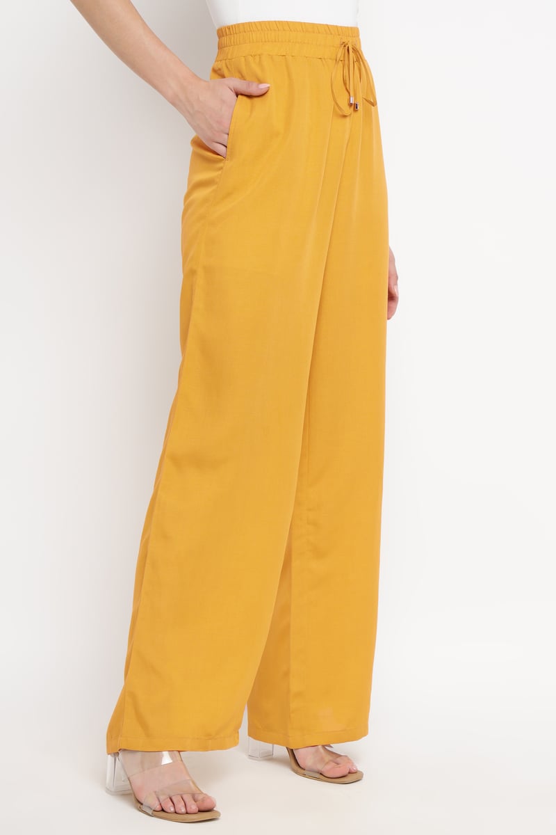 Ochre Wide-Leg Drawstring Waist Trousers