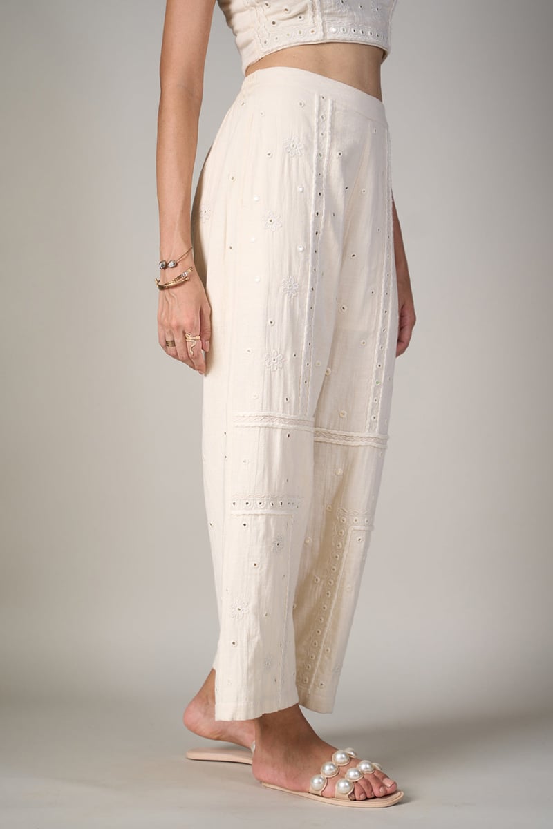 White High-Waist Wide-Leg Mirror Work Pants