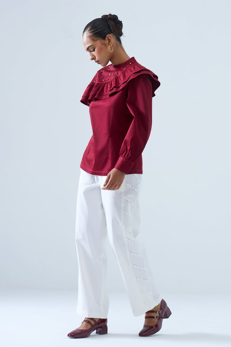 Maroon Ruffle Yoke Sequin Detail Full Sleeve Top