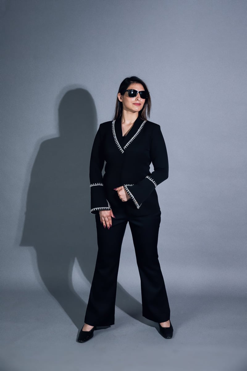 Black Crystal-Trim Blazer and Flared Trouser Co-ord Set