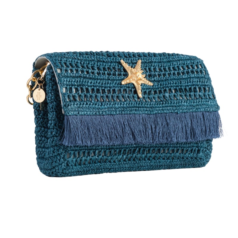 Jena Slim Raffia Clutch With Gold Emblem — Jena Luxury