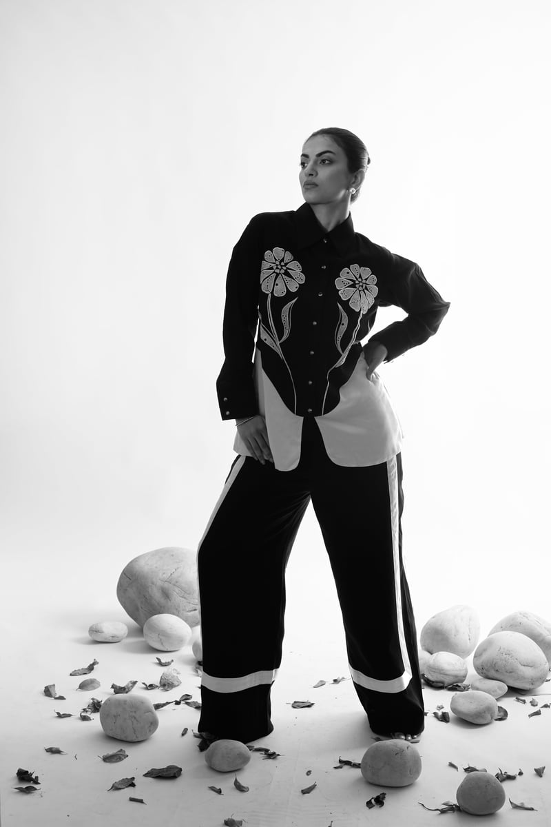 Black and Cream Embroidered Shirt and Pants Co-ord Set