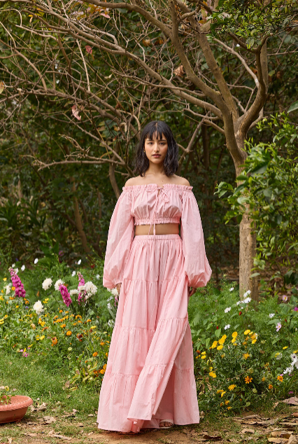 Pink Off-Shoulder Crop Top and Tiered Maxi Skirt Co-ord Set
