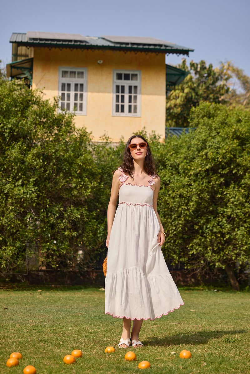 White Embroidered Strap Tiered Midi Dress