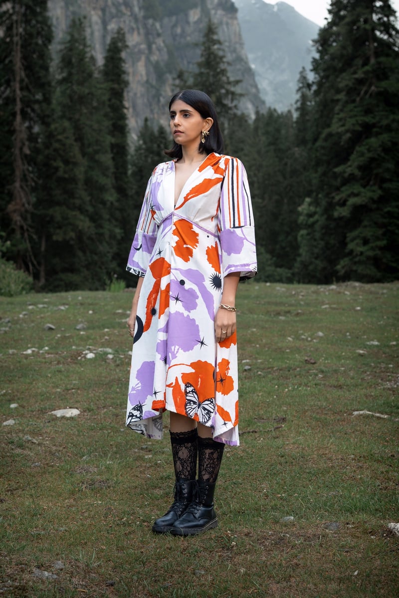 White Orange Printed Recycled Cotton Midi Dress