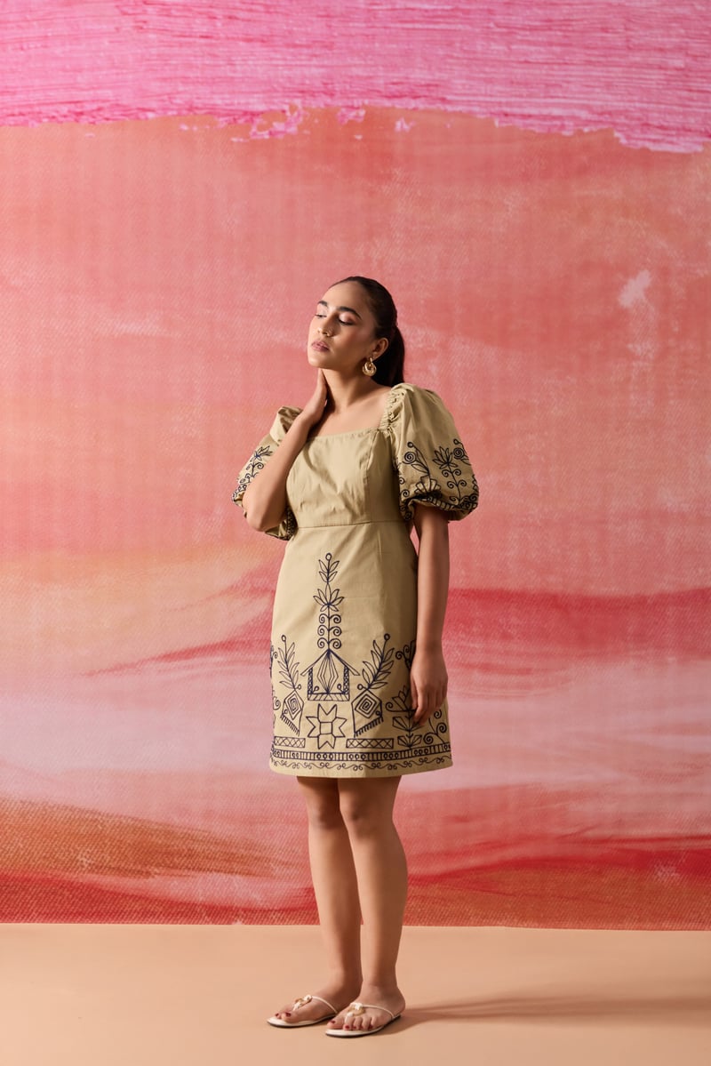 Sage Square Neck Puff Sleeve Embroidered Mini Dress