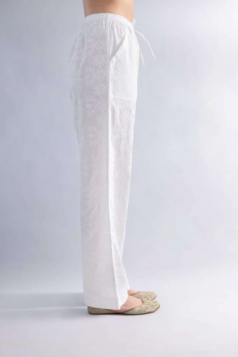 White Cotton Schiffli Straight-Leg Trousers