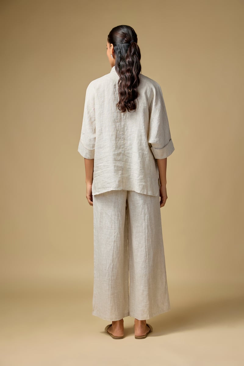 Beige Linen Relaxed-Fit Shirt with Illustrated Hem Detail