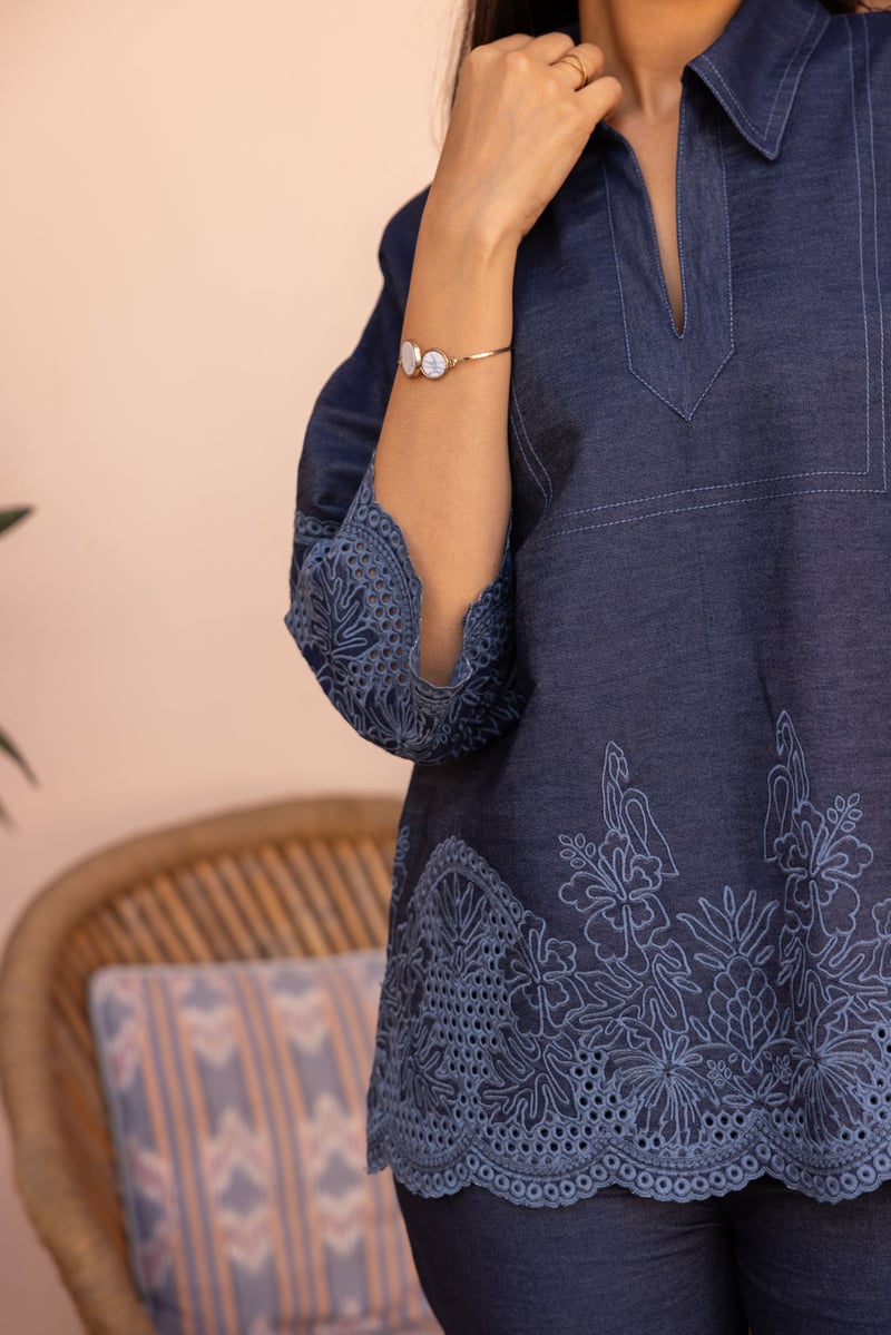 Blue Denim Cutwork Embroidered Co-ord Set