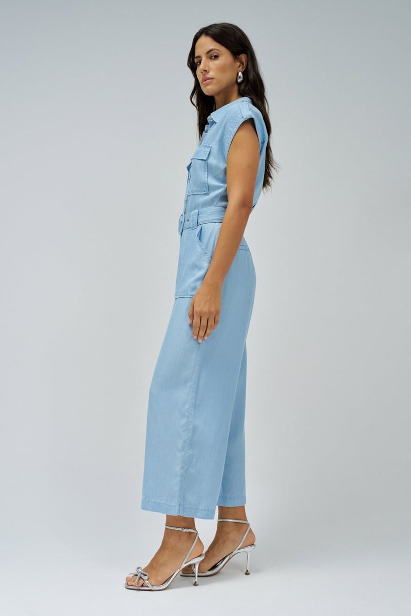 Light Blue Belted Lightdenim Utility Jumpsuit