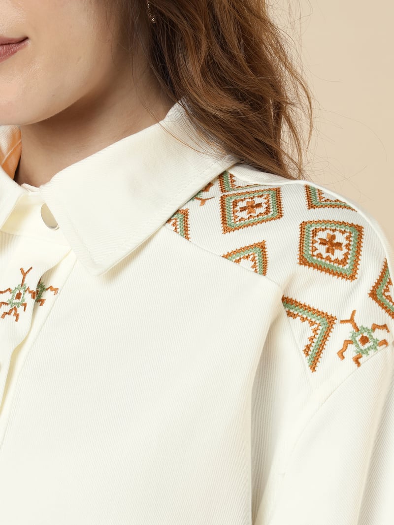 Ecru Cotton Twill Embroidered Button-Down Shirt