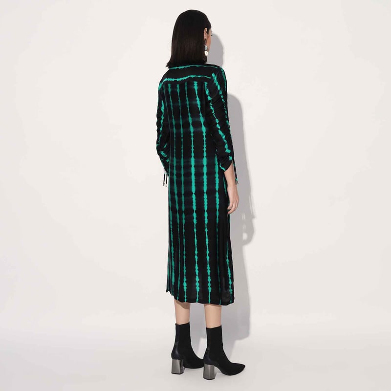 Green/Black Shibori Striped Satin Midi Shirtdress