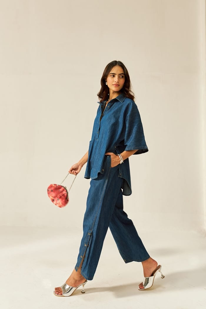 Dark Denim Oversized Shirt and Wide-Leg Pants Co-ord Set