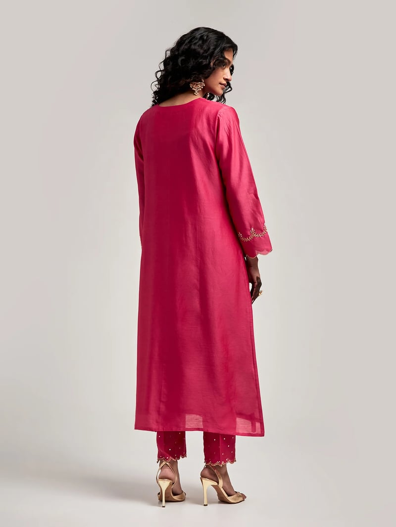 Fuchsia Silk Chanderi Embroidered Yoke Kurta Set