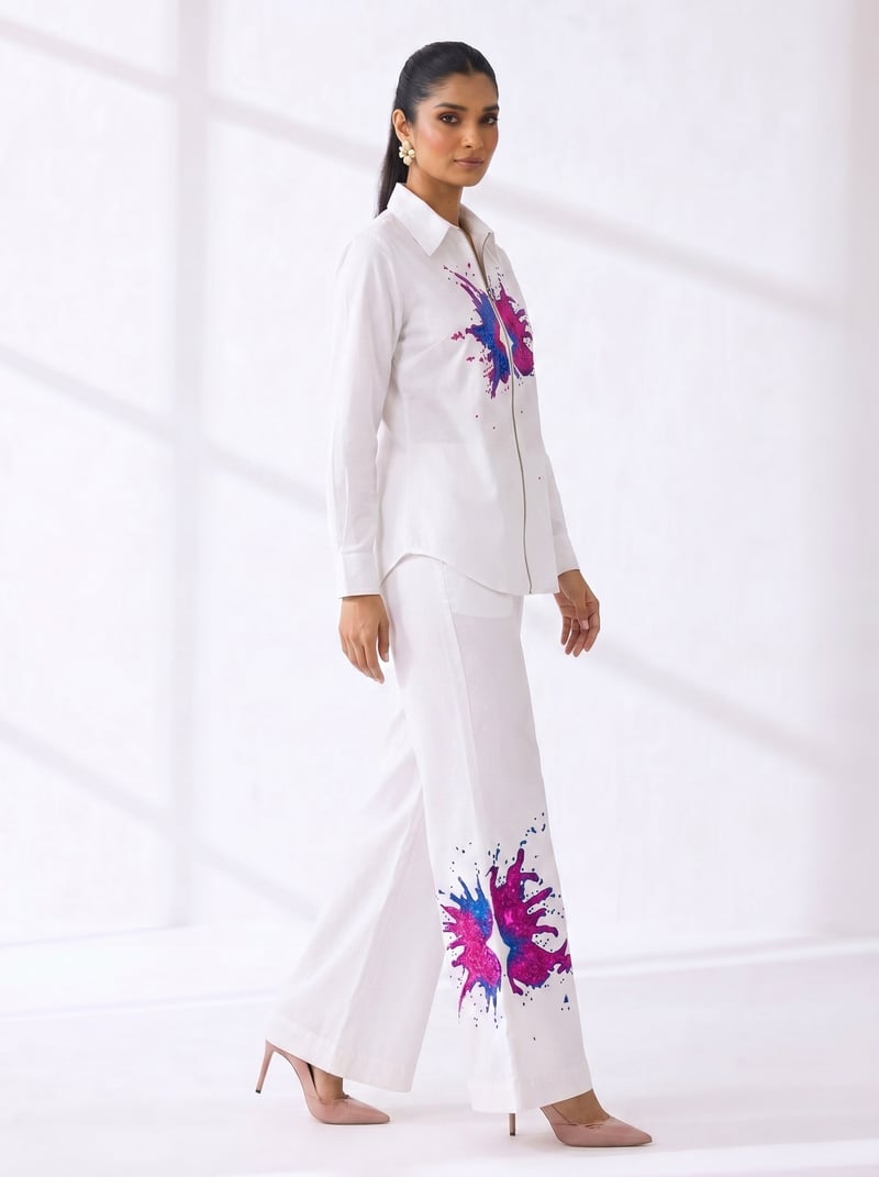 White Zip-Front Shirt and Wide-Leg Pants Co-ord Set