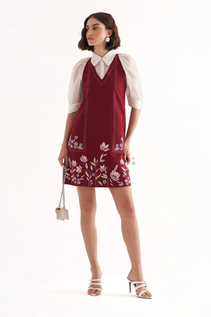 Plum A-Line Mini Dress with Sheer Sleeves and Embroidery