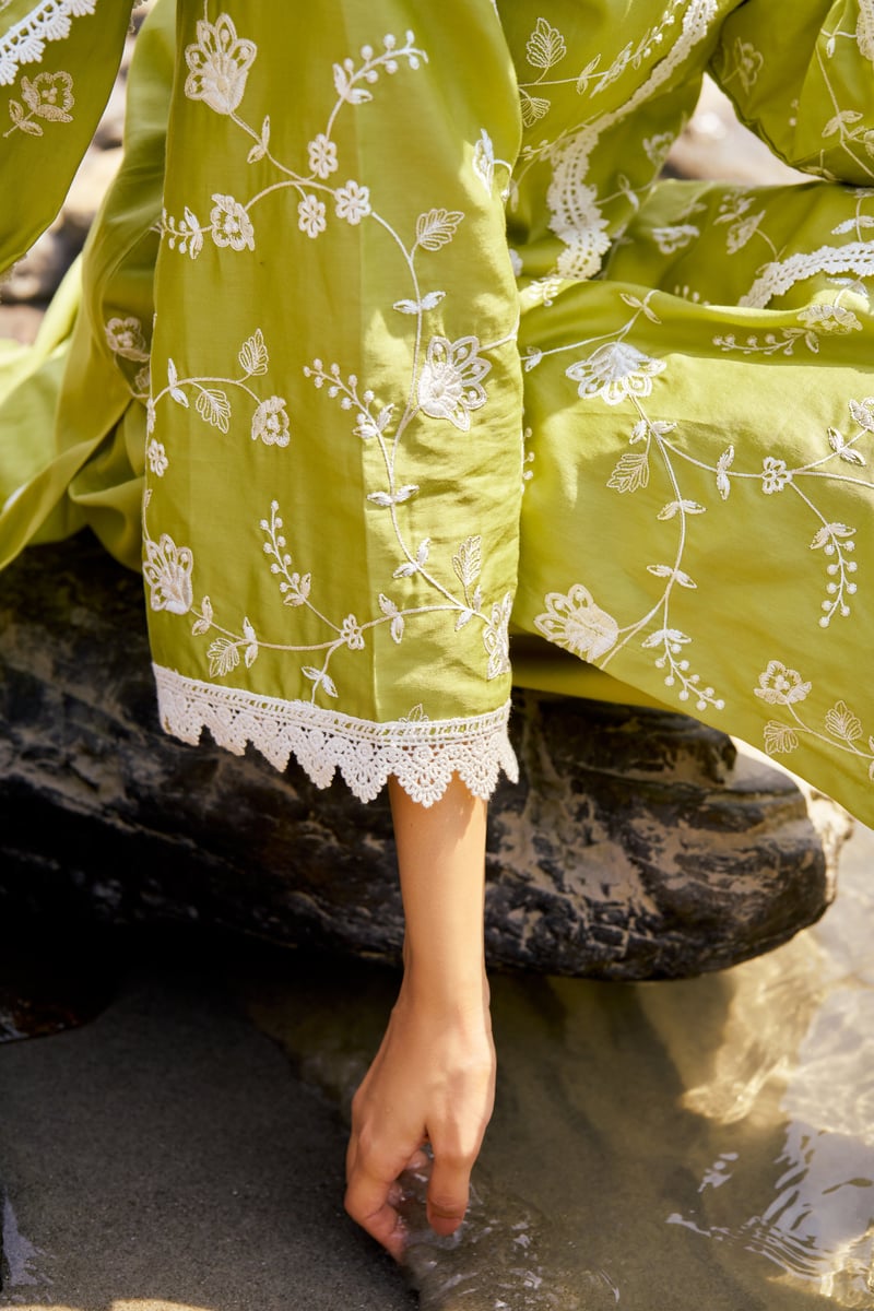 Green Cotton Embroidered Kurta Set with Lace Trim
