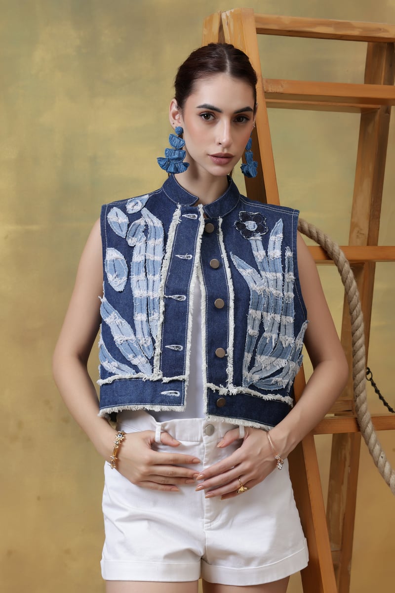 Medium Denim Blue Appliqué Cropped Waistcoat