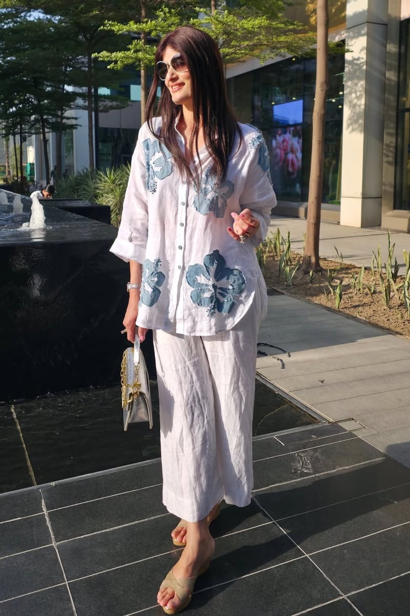 White Linen Shirt with Blue Floral Applique