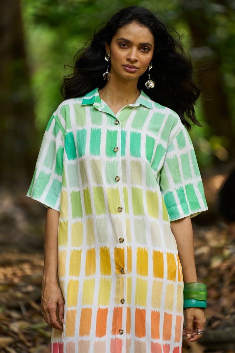 Multicolor Printed Midi Shirt Dress with Button-Down Front