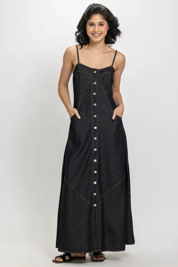 Blue Denim Button-Down A-Line Maxi Dress