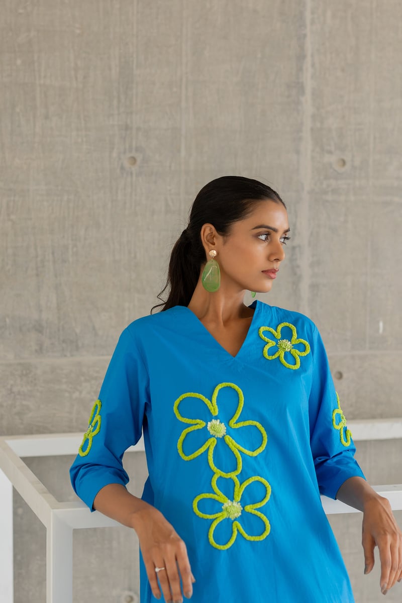 Blue Floral Cord-Embroidered Kurta Set with Pants