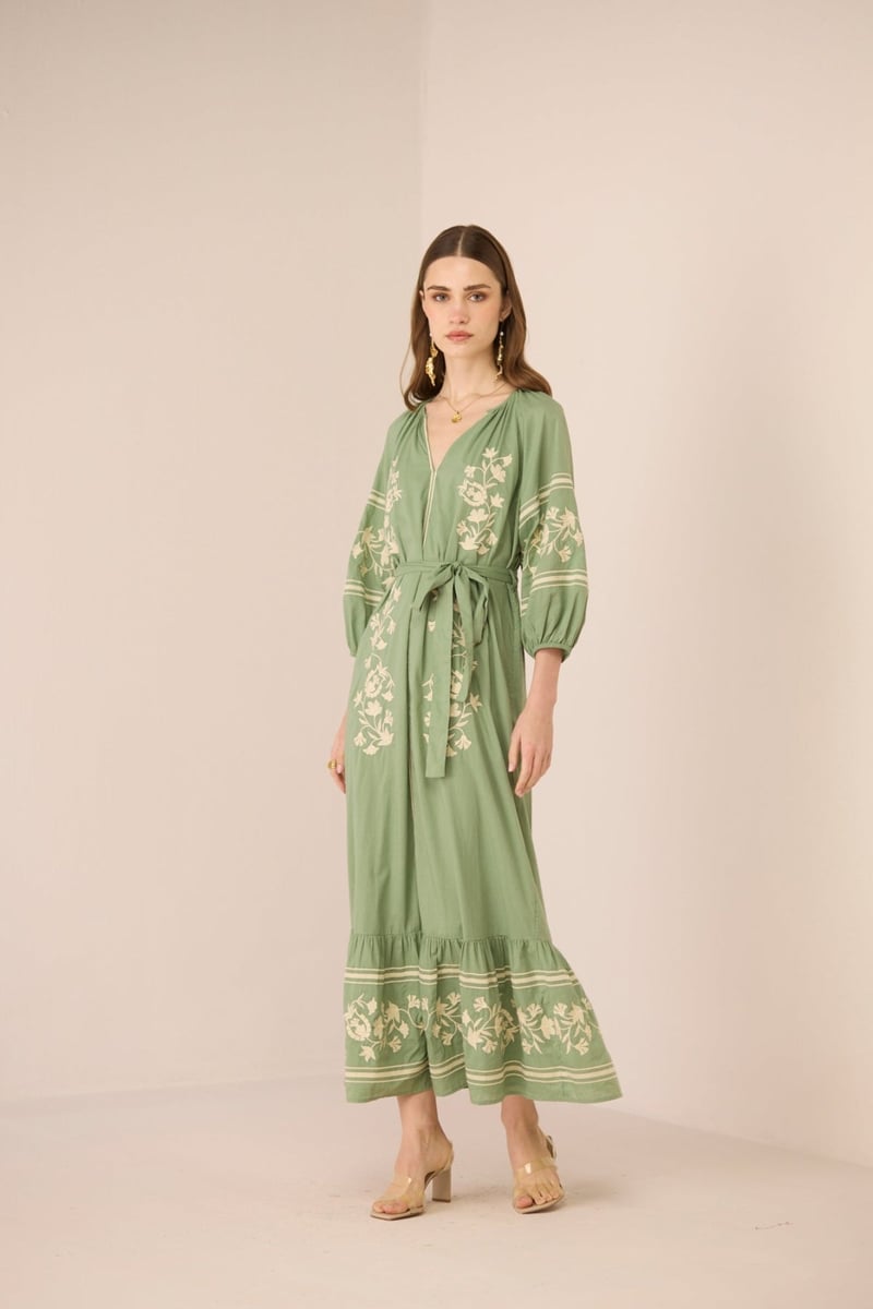 Epsom Green Cotton Embroidered Belted Maxi Dress