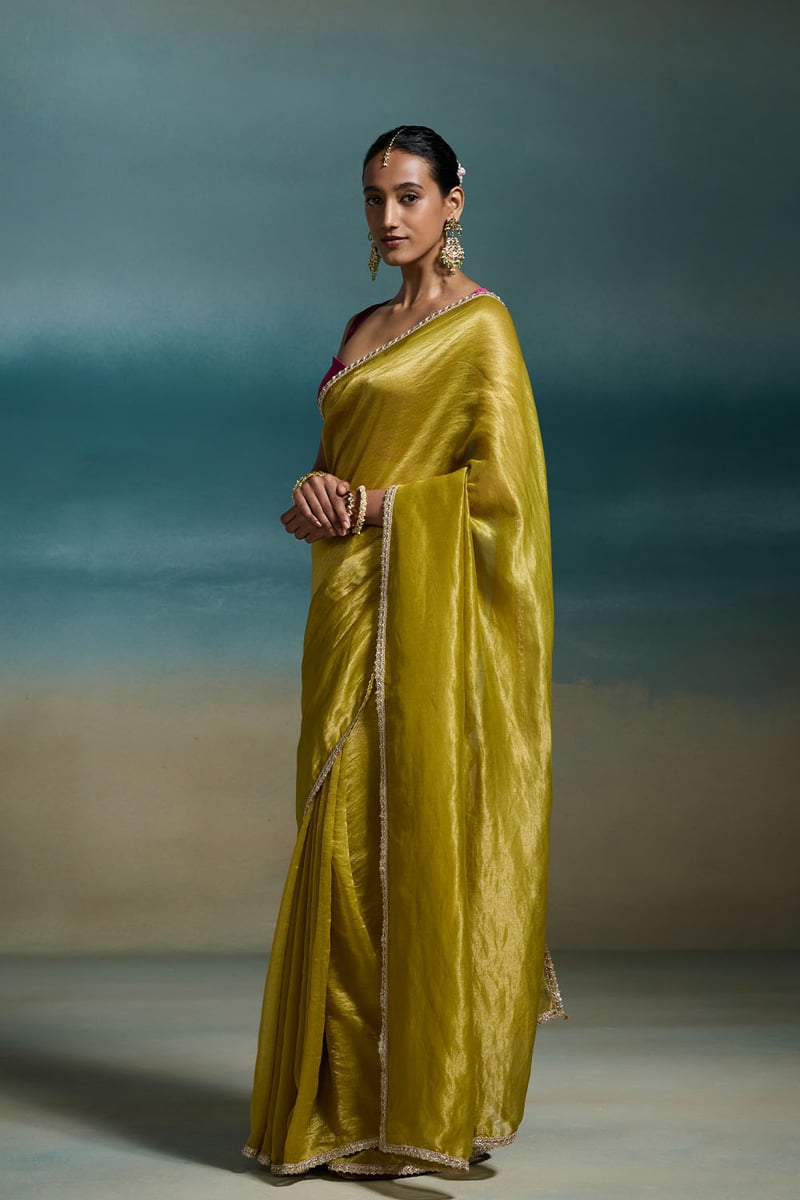 Green Chanderi Saree with Gold Zari Stripes and Sequin Border