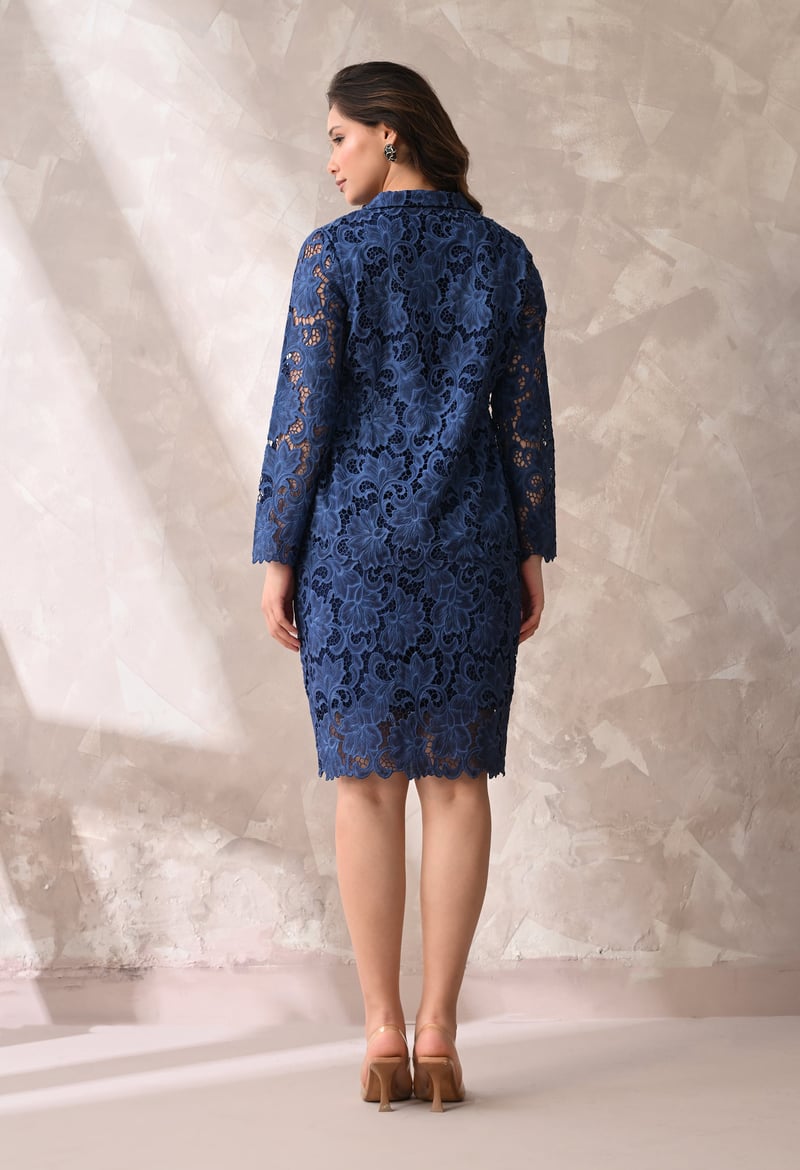 Midnight Blue Lace Shirt and Knee-Length Skirt Co-ord Set