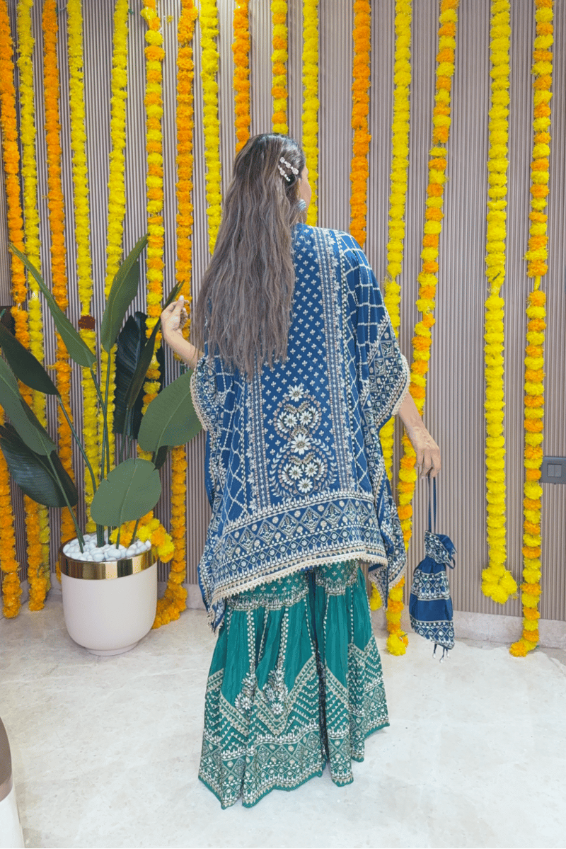 Teal Blue Kaftan and Emerald Gharara Co-ord Set