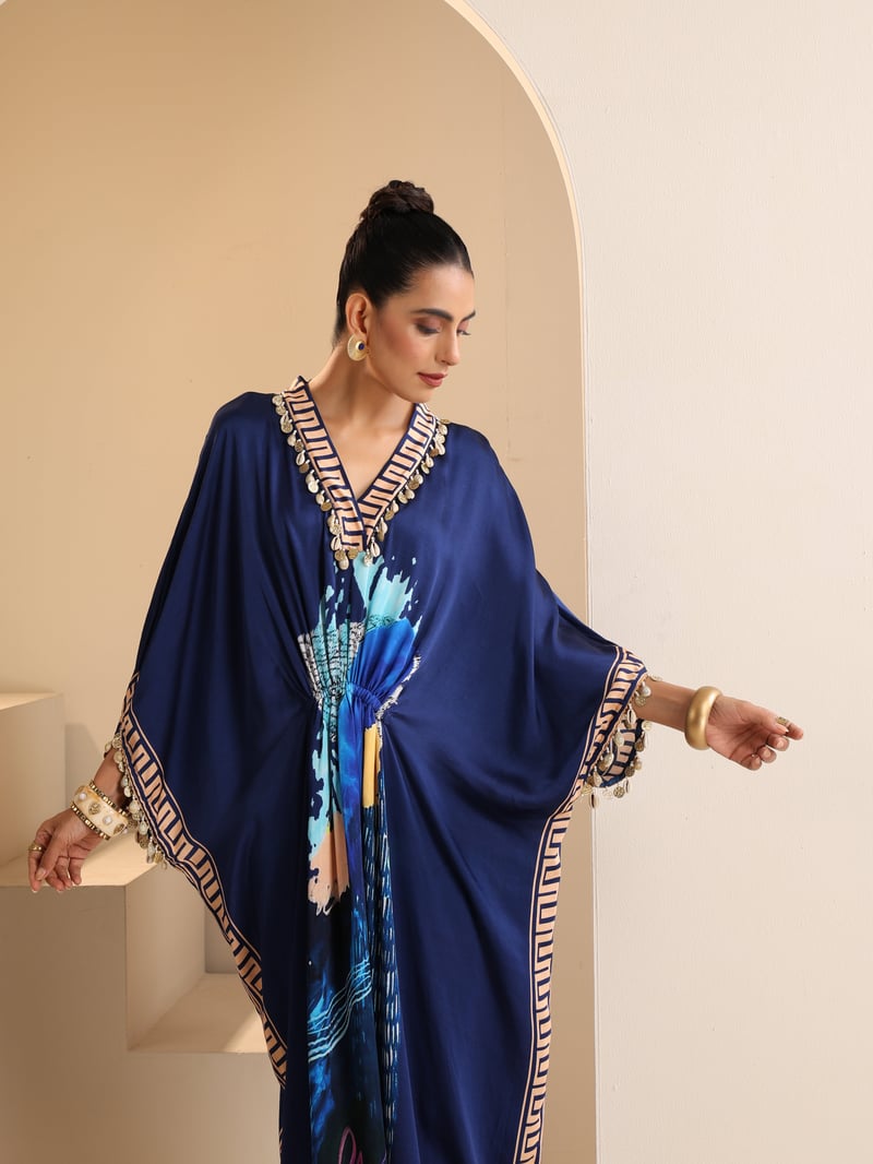 Blue Hand-Painted Abstract Modal Satin Kaftan