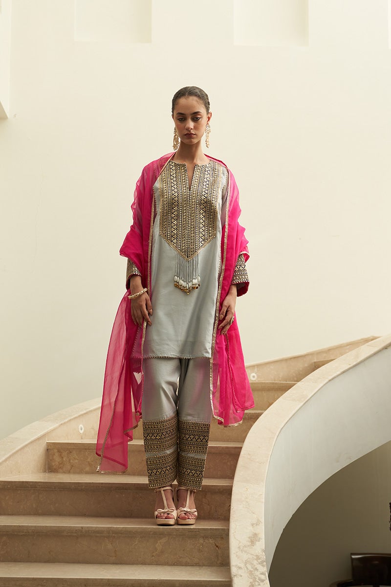 Grey Chanderi Silk A-Line Kurta Set with Gold Yoke